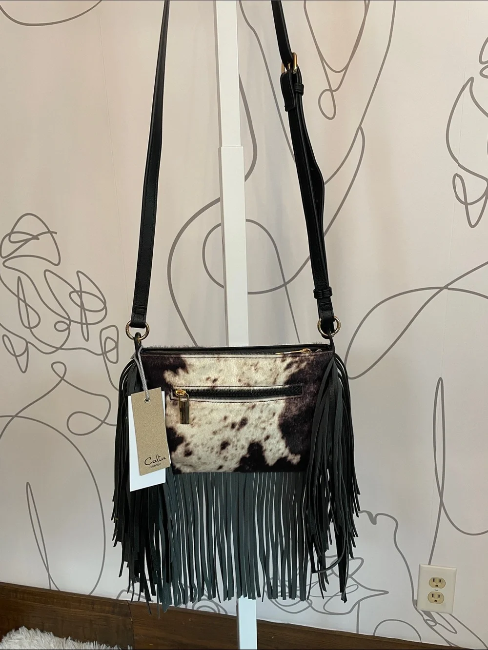 Fringed Calf Hair Cow Printed Crossbody Bag in Cream & Brown w/ Black Strap